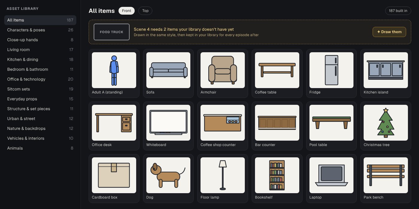 The asset library: categories on the left and a grid of built-in furniture, props and figures