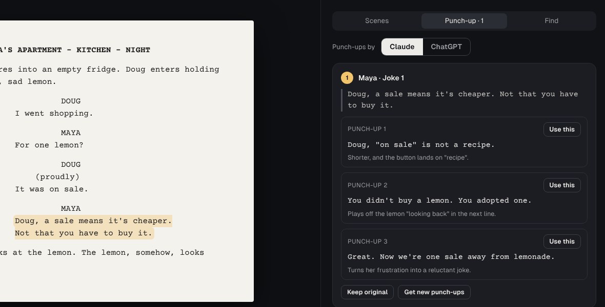 Punching up a joke in the script: three suggestions, with a switch to choose Claude or ChatGPT